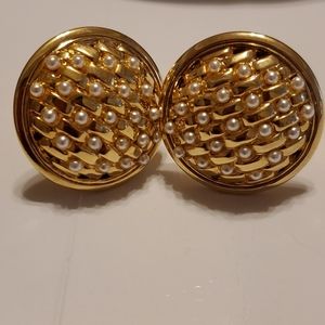 Pearl and gold finish Clip basketweave earrings